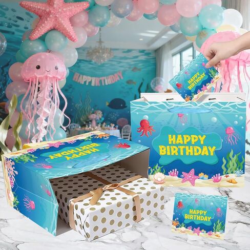 Cartoon Ocean Birthday Bag with Tissue Paper and Card Ocean Jellyfish Seaweed Birthday Party Favor Bag with Handles Under The Sea Candy Bags Yellow Gift Wrapping Paper Bags for Kids Bday Baby Shower in Saudi Arabia