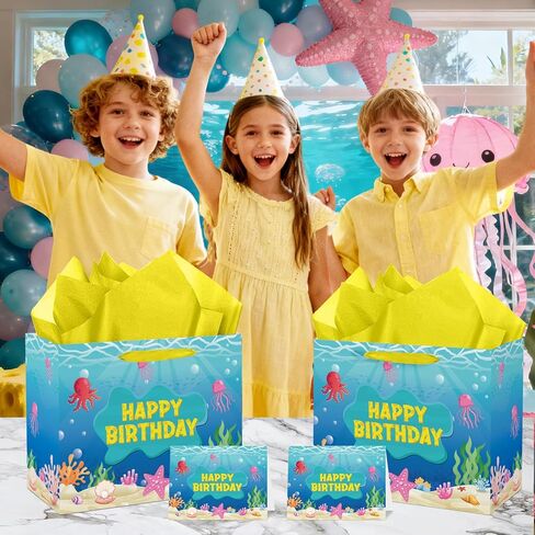 Cartoon Ocean Birthday Bag with Tissue Paper and Card Ocean Jellyfish Seaweed Birthday Party Favor Bag with Handles Under The Sea Candy Bags Yellow Gift Wrapping Paper Bags for Kids Bday Baby Shower in Saudi Arabia
