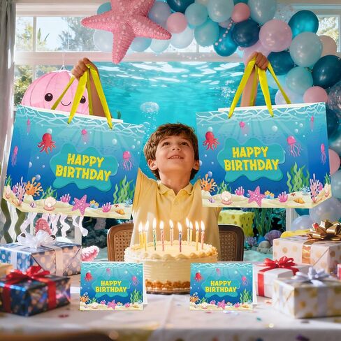 Cartoon Ocean Birthday Bag with Tissue Paper and Card Ocean Jellyfish Seaweed Birthday Party Favor Bag with Handles Under The Sea Candy Bags Yellow Gift Wrapping Paper Bags for Kids Bday Baby Shower in Saudi Arabia