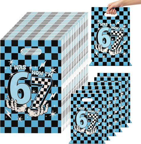 50 PCS 67 Party Favors Gift Bags, Funny I Was 6 Now I’m 7 Meme Goodie Bags with Handles, Black and Blue Plaid Print 6 7 Birthday Decorations Bags for 7th Birthday Party Candy Treats & Celebration Supplies in Saudi Arabia