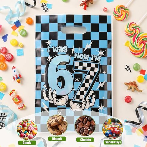 50 PCS 67 Party Favors Gift Bags, Funny I Was 6 Now I’m 7 Meme Goodie Bags with Handles, Black and Blue Plaid Print 6 7 Birthday Decorations Bags for 7th Birthday Party Candy Treats & Celebration Supplies in Saudi Arabia