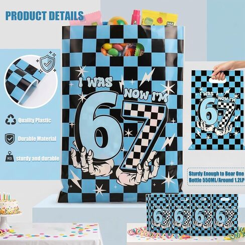 50 PCS 67 Party Favors Gift Bags, Funny I Was 6 Now I’m 7 Meme Goodie Bags with Handles, Black and Blue Plaid Print 6 7 Birthday Decorations Bags for 7th Birthday Party Candy Treats & Celebration Supplies in Saudi Arabia