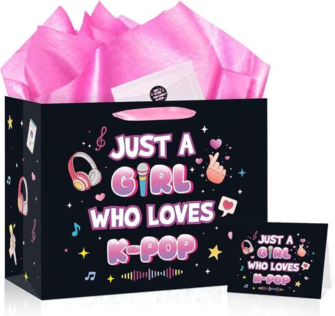 Kpop Gift Bag Set with Tissue Paper, Greeting Card, Sticker, Just A Girl Who Loves K-pop Theme Gift Wrapping Paper Bag, Party Supplies for Kpop Fans Girls Teen Birthday Party Favors, 11.8"×9.4"×5.3" in Saudi Arabia