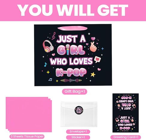 Kpop Gift Bag Set with Tissue Paper, Greeting Card, Sticker, Just A Girl Who Loves K-pop Theme Gift Wrapping Paper Bag, Party Supplies for Kpop Fans Girls Teen Birthday Party Favors, 11.8"×9.4"×5.3" in Saudi Arabia