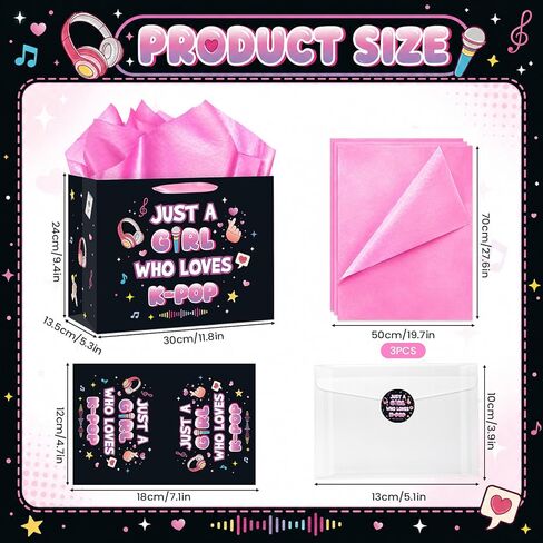 Kpop Gift Bag Set with Tissue Paper, Greeting Card, Sticker, Just A Girl Who Loves K-pop Theme Gift Wrapping Paper Bag, Party Supplies for Kpop Fans Girls Teen Birthday Party Favors, 11.8"×9.4"×5.3" in Saudi Arabia