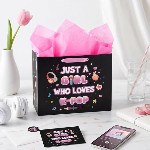Kpop Gift Bag Set with Tissue Paper, Greeting Card, Sticker, Just A Girl Who Loves K-pop Theme Gift Wrapping Paper Bag, Party Supplies for Kpop Fans Girls Teen Birthday Party Favors, 11.8"×9.4"×5.3" in Saudi Arabia