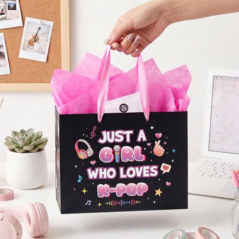 Kpop Gift Bag Set with Tissue Paper, Greeting Card, Sticker, Just A Girl Who Loves K-pop Theme Gift Wrapping Paper Bag, Party Supplies for Kpop Fans Girls Teen Birthday Party Favors, 11.8"×9.4"×5.3" in Saudi Arabia