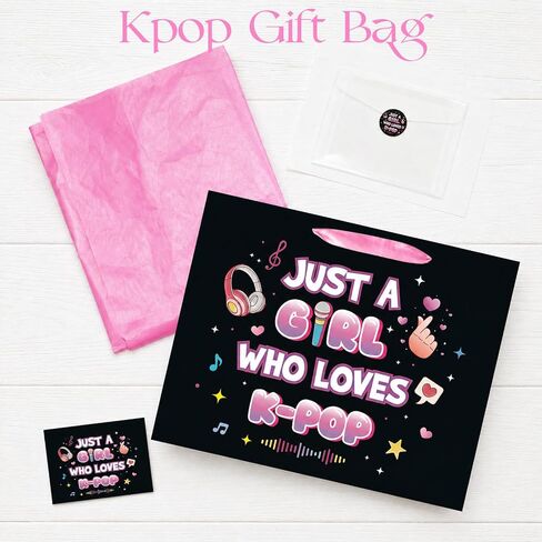 Kpop Gift Bag Set with Tissue Paper, Greeting Card, Sticker, Just A Girl Who Loves K-pop Theme Gift Wrapping Paper Bag, Party Supplies for Kpop Fans Girls Teen Birthday Party Favors, 11.8"×9.4"×5.3" in Saudi Arabia