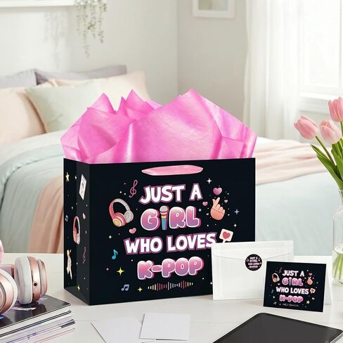 Kpop Gift Bag Set with Tissue Paper, Greeting Card, Sticker, Just A Girl Who Loves K-pop Theme Gift Wrapping Paper Bag, Party Supplies for Kpop Fans Girls Teen Birthday Party Favors, 11.8"×9.4"×5.3" in Saudi Arabia