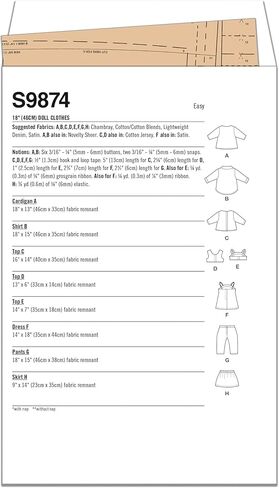 Simplicity 1990's 18" Doll Cardigan, Shirt, Dress, Pants, and Skirt Sewing Pattern Packet by Carla Reiss, Design Code S9874, Multicolor in Kuwait