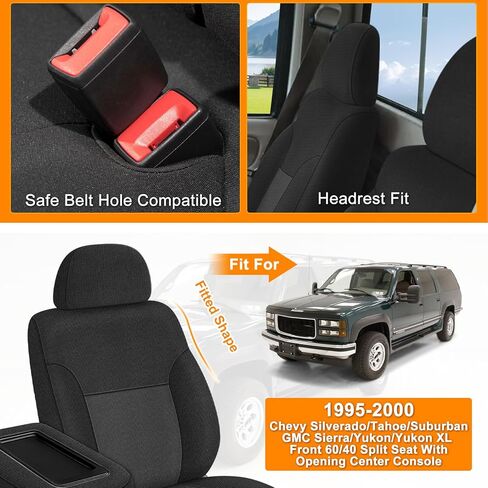 Truck Seat Cover Compatible with 1995-2000 Chevy Silverado, Tahoe, Suburban, and GMC Sierra, Yukon, Yukon XL, Neoprene Front 60/40 Split Seat with Opening Center Console, Black and Charcoal in Kuwait