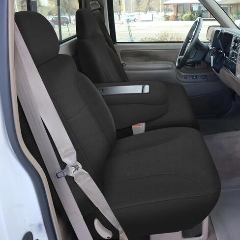 Truck Seat Cover Compatible with 1995-2000 Chevy Silverado, Tahoe, Suburban, and GMC Sierra, Yukon, Yukon XL, Neoprene Front 60/40 Split Seat with Opening Center Console, Black and Charcoal in Kuwait