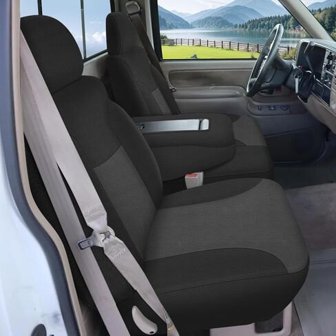 Truck Seat Cover Compatible with 1995-2000 Chevy Silverado, Tahoe, Suburban, and GMC Sierra, Yukon, Yukon XL, Neoprene Front 60/40 Split Seat with Opening Center Console, Black and Charcoal in Kuwait