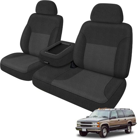 Truck Seat Cover Compatible with 1995-2000 Chevy Silverado, Tahoe, Suburban, and GMC Sierra, Yukon, Yukon XL, Neoprene Front 60/40 Split Seat with Opening Center Console, Black and Charcoal in Kuwait