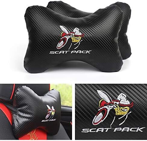 2Pcs Leather Carbon Fiber Leather Sport Car Seat Scat Pack Bee Neck Rest Pillow Foam Headrest Travel Cushion Travel Sleeping Cushion for Challenger Charger in Saudi Arabia