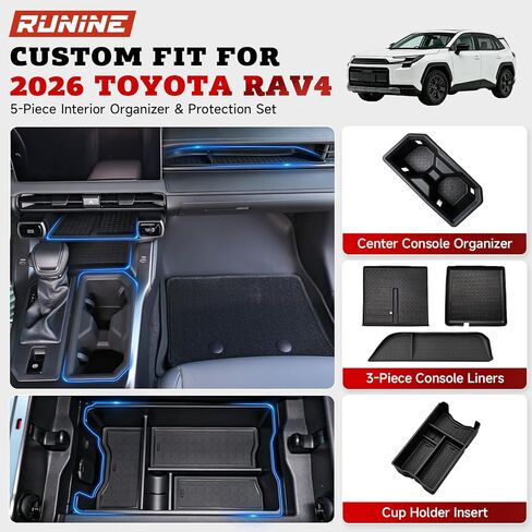 5PCS Center Console Organizer Set for 2026 Toyota RAV4, RAV4 Interior Accessories, Armrest Storage Box, Wireless Charging Protective Mat, Cup Holder Insert, Console and Passenger Liners in Saudi Arabia