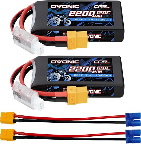 OVONIC 2S Lipo Battery 7.4V 2200mAh 120C with XT60 to EC3 Connector for RC Car Truck Vehicles Boat Drone Airplane Quadcopter Helicopter FPV Racing Hobby Models Pro Truck Boat Jet Basher 2 Batteries in Kuwait