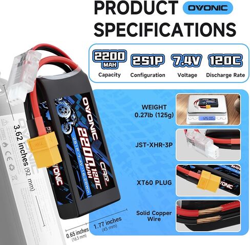 OVONIC 2S Lipo Battery 7.4V 2200mAh 120C with XT60 to EC3 Connector for RC Car Truck Vehicles Boat Drone Airplane Quadcopter Helicopter FPV Racing Hobby Models Pro Truck Boat Jet Basher 2 Batteries in Kuwait