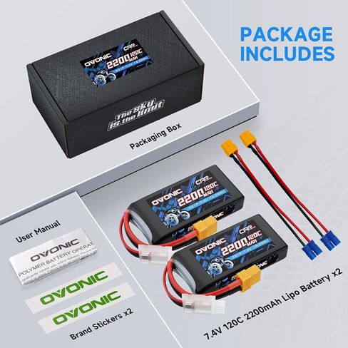 OVONIC 2S Lipo Battery 7.4V 2200mAh 120C with XT60 to EC3 Connector for RC Car Truck Vehicles Boat Drone Airplane Quadcopter Helicopter FPV Racing Hobby Models Pro Truck Boat Jet Basher 2 Batteries in Kuwait