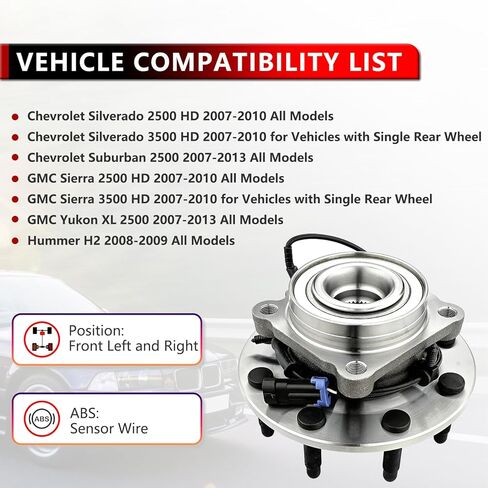 515098 Front Wheel Hub Bearing Assembly for 2007-2010 Chevy Silverado 2500/3500 HD, for GMC Sierra 3500/2500 HD, for 2008-2009 Hummer H2, Wheel Bearing Front Wheel Hub 8 Lugs W/ABS in Kuwait