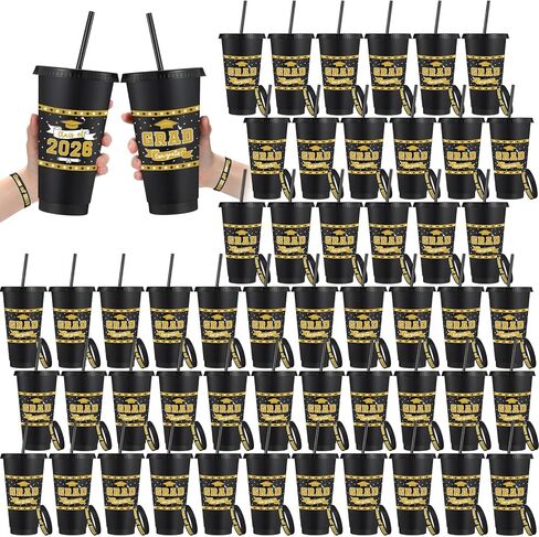 Skylety 50 Set / 100 Pcs 2026 Graduation Gifts Set Bulk Plastic 24oz Graduation Cups with Lid Straw and Class of 2026 Bracelet for Congrats Grad Events(Black) in Kuwait