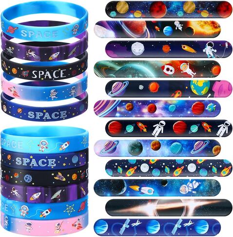Realspring 48 Pcs Outer Space Party Favors 24 Space Slap Bracelets 24 Silicone Wristbands Galaxy Astronaut Bracelets Bulk for Kids Classroom Rewards Stars Solar System Planet Birthday Party Supplies in Kuwait