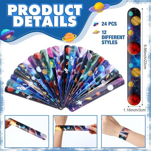 Realspring 48 Pcs Outer Space Party Favors 24 Space Slap Bracelets 24 Silicone Wristbands Galaxy Astronaut Bracelets Bulk for Kids Classroom Rewards Stars Solar System Planet Birthday Party Supplies in Kuwait