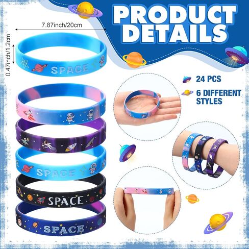 Realspring 48 Pcs Outer Space Party Favors 24 Space Slap Bracelets 24 Silicone Wristbands Galaxy Astronaut Bracelets Bulk for Kids Classroom Rewards Stars Solar System Planet Birthday Party Supplies in Kuwait