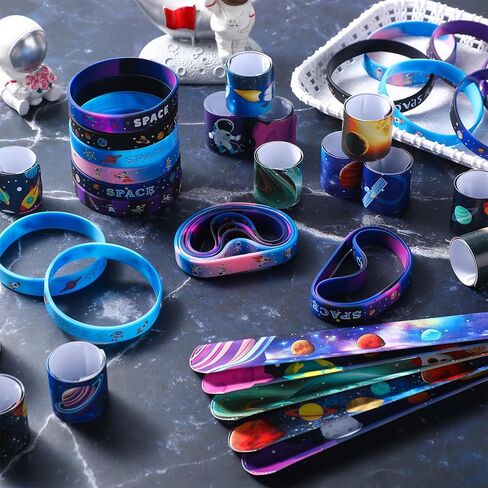 Realspring 48 Pcs Outer Space Party Favors 24 Space Slap Bracelets 24 Silicone Wristbands Galaxy Astronaut Bracelets Bulk for Kids Classroom Rewards Stars Solar System Planet Birthday Party Supplies in Kuwait