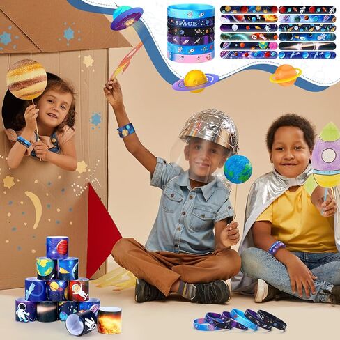 Realspring 48 Pcs Outer Space Party Favors 24 Space Slap Bracelets 24 Silicone Wristbands Galaxy Astronaut Bracelets Bulk for Kids Classroom Rewards Stars Solar System Planet Birthday Party Supplies in Kuwait