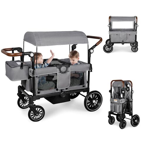 Stroller Wagon for 2 Kids, Foldable Kids Wagon w/Adjustable Push Pull Handle, Shock-Absorbing Wheels, Removable Canopy, Extra Diaper Bag & Harness, Detachable Tray, Grey in Saudi Arabia