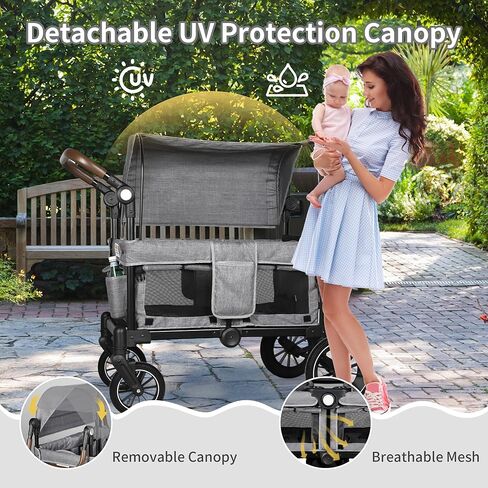 Stroller Wagon for 2 Kids, Foldable Kids Wagon w/Adjustable Push Pull Handle, Shock-Absorbing Wheels, Removable Canopy, Extra Diaper Bag & Harness, Detachable Tray, Grey in Saudi Arabia