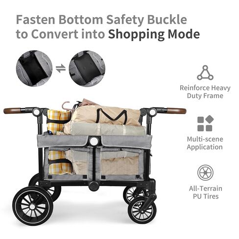 Stroller Wagon for 2 Kids, Foldable Kids Wagon w/Adjustable Push Pull Handle, Shock-Absorbing Wheels, Removable Canopy, Extra Diaper Bag & Harness, Detachable Tray, Grey in Saudi Arabia