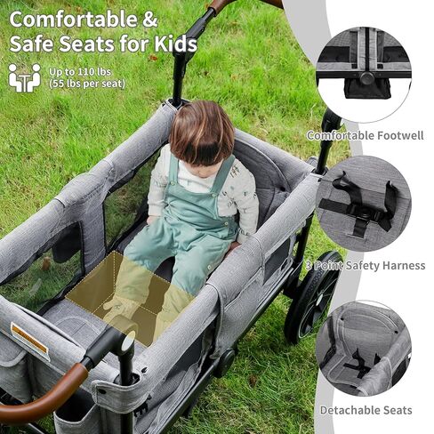 Stroller Wagon for 2 Kids, Foldable Kids Wagon w/Adjustable Push Pull Handle, Shock-Absorbing Wheels, Removable Canopy, Extra Diaper Bag & Harness, Detachable Tray, Grey in Saudi Arabia