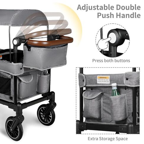Stroller Wagon for 2 Kids, Foldable Kids Wagon w/Adjustable Push Pull Handle, Shock-Absorbing Wheels, Removable Canopy, Extra Diaper Bag & Harness, Detachable Tray, Grey in Saudi Arabia
