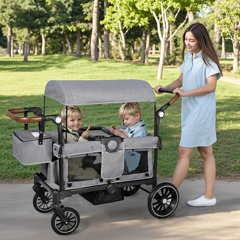 Stroller Wagon for 2 Kids, Foldable Kids Wagon w/Adjustable Push Pull Handle, Shock-Absorbing Wheels, Removable Canopy, Extra Diaper Bag & Harness, Detachable Tray, Grey in Saudi Arabia