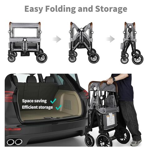 Stroller Wagon for 2 Kids, Foldable Kids Wagon w/Adjustable Push Pull Handle, Shock-Absorbing Wheels, Removable Canopy, Extra Diaper Bag & Harness, Detachable Tray, Grey in Saudi Arabia