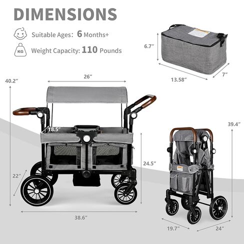 Stroller Wagon for 2 Kids, Foldable Kids Wagon w/Adjustable Push Pull Handle, Shock-Absorbing Wheels, Removable Canopy, Extra Diaper Bag & Harness, Detachable Tray, Grey in Saudi Arabia