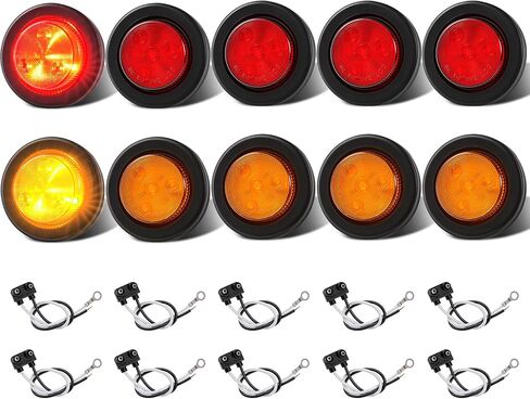 2 "أضواء LED مستديرة للمقطورة 10 عبوات (5 كهرمان 5 أحمر)، مصابيح إزالة LED 12 فولت 2 بوصة معتمدة من وزارة النقل مع حلقة معدنية، مصابيح عاكسة مقاومة للماء IP67 محكمة الغلق لمقطورة الشاحنة RV in Kuwait