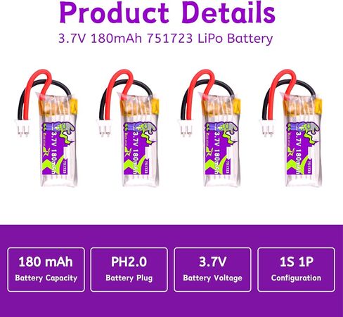 3.7V 180mAh 751723 Lipo Batteries 4 pcs Compatible with Cheerwing CW10 Mini Drone,V995 Red Mini Quadcopter, U46S Drone, 2pcs More USB Chargers with PH2.0 Plug in Saudi Arabia