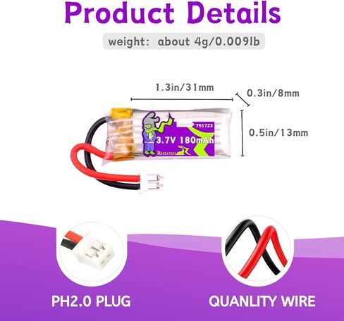3.7V 180mAh 751723 Lipo Batteries 4 pcs Compatible with Cheerwing CW10 Mini Drone,V995 Red Mini Quadcopter, U46S Drone, 2pcs More USB Chargers with PH2.0 Plug in Saudi Arabia