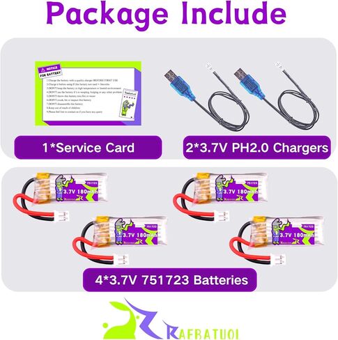 3.7V 180mAh 751723 Lipo Batteries 4 pcs Compatible with Cheerwing CW10 Mini Drone,V995 Red Mini Quadcopter, U46S Drone, 2pcs More USB Chargers with PH2.0 Plug in Saudi Arabia