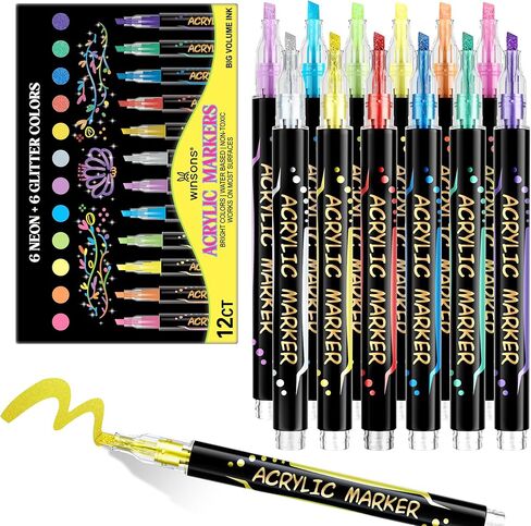 12 Colors Acrylic Paint Markers, 6 Glitter & 6 Neon Fluorescent Pens, Innovative Light-Valve Tech for Instant Flow, Fine Chisel Tip Paint Pens for Journaling, Rock Painting, Cards & DIY Projects in Saudi Arabia