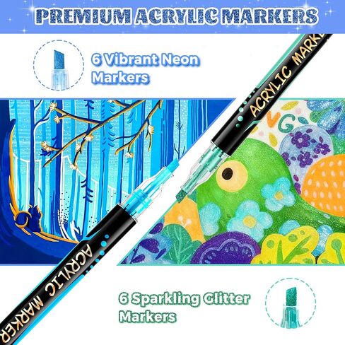 12 Colors Acrylic Paint Markers, 6 Glitter & 6 Neon Fluorescent Pens, Innovative Light-Valve Tech for Instant Flow, Fine Chisel Tip Paint Pens for Journaling, Rock Painting, Cards & DIY Projects in Saudi Arabia
