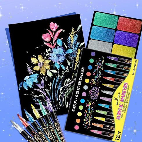 12 Colors Acrylic Paint Markers, 6 Glitter & 6 Neon Fluorescent Pens, Innovative Light-Valve Tech for Instant Flow, Fine Chisel Tip Paint Pens for Journaling, Rock Painting, Cards & DIY Projects in Saudi Arabia