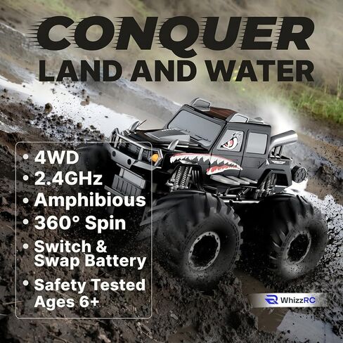 Amphibious Remote Control Car, 1:18 Shark Monster Truck RC Cars, 4WD 2.4GHz Waterproof All Terrain Off-Road Toy 360 Stunt Pool Car for Boys Girls Kids Age 6 7 8 9 10 11 12 Gift in Kuwait