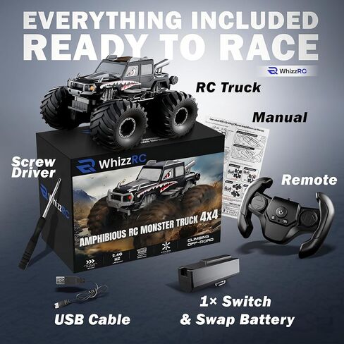 Amphibious Remote Control Car, 1:18 Shark Monster Truck RC Cars, 4WD 2.4GHz Waterproof All Terrain Off-Road Toy 360 Stunt Pool Car for Boys Girls Kids Age 6 7 8 9 10 11 12 Gift in Kuwait