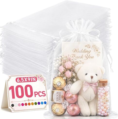 FUNFERY 100 PCS Organza Bags 6x9 in, White Mesh Gift Bags with Drawstring, Bulk Clear Gift Bag for Wedding Party Favors Treats, Large Mesh Goodies Bag for Gifts Shower, Drawstring Pouch for Jewelry in Saudi Arabia