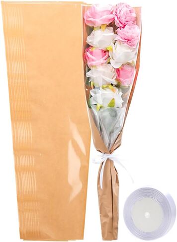HSONAIGEE 50 Pieces Flower Bouquet Wrapping Paper, 15.8 x 13.8 x 3.9 Inch Flower Bags for Bouquets Kraft Floral Wrap Sleeves with Ribbons for Home Mother’s Day Wedding Flower Bar Supplies in Saudi Arabia