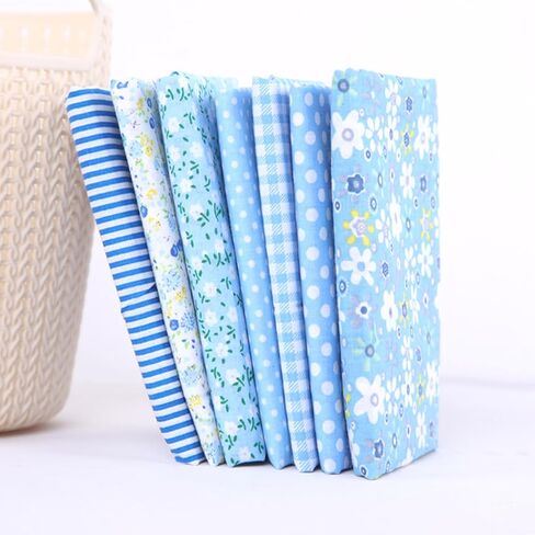 7 Pcs Blue Cotton Fabric Squares, 9.8 x 9.8 Inch (25 x 25 cm), Precut Quilting Fabric Bundles for Patchwork, Floral Craft Fabric for DIY Sewing, Scrapbooking, Dolls and Pillowcases in Kuwait